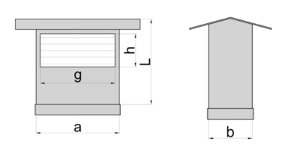 Rysunek techniczny wyrzutni dachowej prostokątnej – przekrój i wymiary